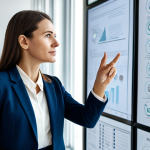 A professional advertising strategist in a modest business suit, standing in a modern, well-lit collaborative office space. She is thoughtfully interacting with a large interactive screen displaying abstract concepts and creative ideas, conveying a deep understanding of consumer psychology and human connection. The background is clean and professional. fully clothed, appropriate attire, safe for work, perfect anatomy, correct proportions, natural pose, well-formed hands, proper finger count, natural body proportions, professional photography, high quality, appropriate content, family-friendly.