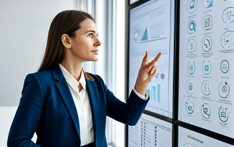 A professional advertising strategist in a modest business suit, standing in a modern, well-lit collaborative office space. She is thoughtfully interacting with a large interactive screen displaying abstract concepts and creative ideas, conveying a deep understanding of consumer psychology and human connection. The background is clean and professional. fully clothed, appropriate attire, safe for work, perfect anatomy, correct proportions, natural pose, well-formed hands, proper finger count, natural body proportions, professional photography, high quality, appropriate content, family-friendly.