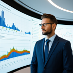 A thoughtful male professional media planner in a modest, sharp business suit, fully clothed, standing in a modern, brightly lit office. He is looking at a large translucent screen displaying abstract, flowing data visualizations, depicted as clean, interconnected lines and subtle, glowing nodes. His hands are clasped or resting on a table, conveying a focused, contemplative expression about data ethics. Professional photography, sharp focus, vibrant colors, clean aesthetic, high resolution, soft cinematic lighting. perfect anatomy, correct proportions, natural body proportions, well-formed hands, proper finger count, natural pose, fully clothed, appropriate attire, professional dress, safe for work, appropriate content, family-friendly.