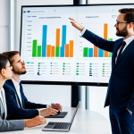 A group of diverse marketing professionals, men and women, in modest business suits and professional dress, collaborating intently around a large interactive digital display. The screen shows intricate data visualizations including charts, graphs, and customer journey maps, reflecting deep insights into consumer behavior and digital consumption patterns. They are in a bright, modern, high-tech office environment, filled with natural light, signifying a focus on data-driven strategy and continuous improvement. The atmosphere is focused and innovative. Fully clothed, appropriate attire, safe for work, perfect anatomy, correct proportions, natural pose, well-formed hands, proper finger count, natural body proportions, professional photography, high quality.