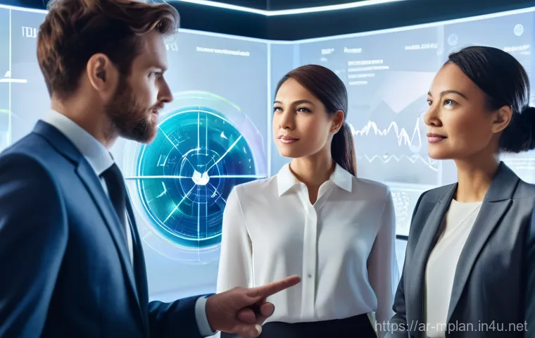 미디어 플래너와 광고 기술 플랫폼 - **Prompt:** A diverse team of modern media planning experts, both men and women, dressed in smart bu...