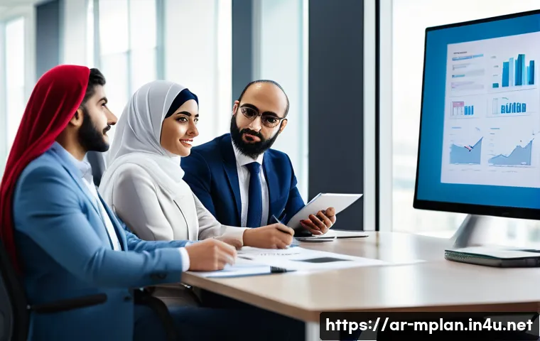 미디어 플래너의 광고 캠페인 기획 프로세스 - A professional Middle Eastern marketing team in a modern office setting, analyzing demographic and b...
