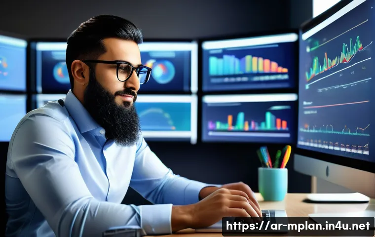 미디어 플래너 이직 성공 스토리 - A professional Arab media intermediary in a modern office setting, wearing business casual attire wi...