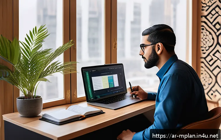 미디어 플래너의 프리랜서 업무 사례 - A professional Arab media planner working remotely in a modern home office setting, analyzing detail...