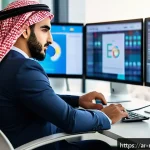 미디어 플래너 이직 준비 팁 - A modern Arab digital media planner in a professional office setting, focused on multiple screens di...