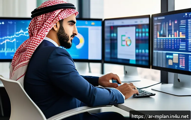 미디어 플래너 이직 준비 팁 - A modern Arab digital media planner in a professional office setting, focused on multiple screens di...