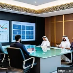 미디어 플래너와 마케팅 예산 협상 - A professional Middle Eastern business meeting scene featuring diverse Arab marketing professionals ...