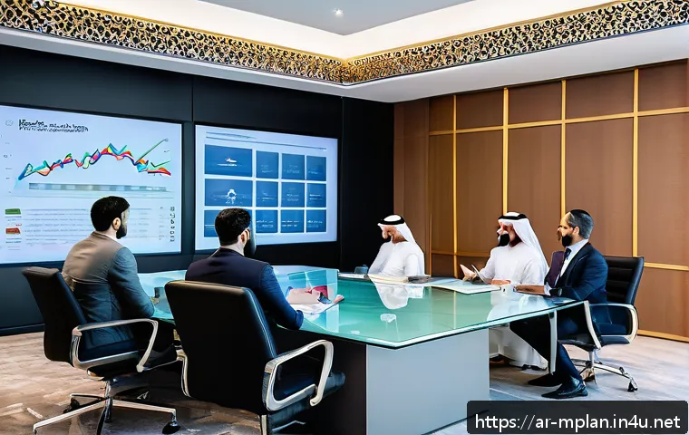 미디어 플래너와 마케팅 예산 협상 - A professional Middle Eastern business meeting scene featuring diverse Arab marketing professionals ...