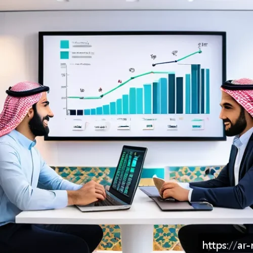 미디어 플래너와 캠페인 목표 설정 - A modern digital marketing office scene set in a Middle Eastern city with Arabic calligraphy art on ...