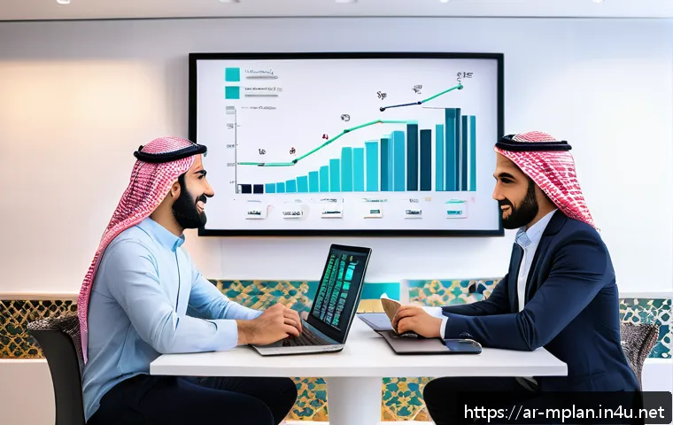 미디어 플래너와 캠페인 목표 설정 - A modern digital marketing office scene set in a Middle Eastern city with Arabic calligraphy art on ...